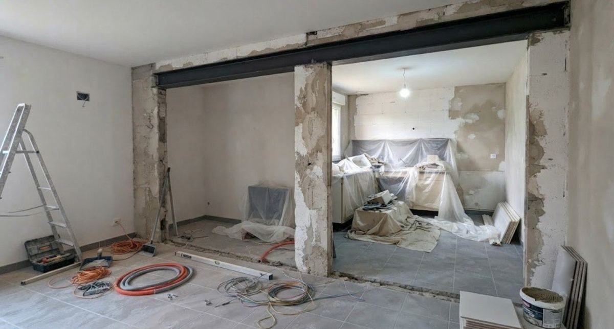 Ouverture dans un mur porteur, poutre métallique posée