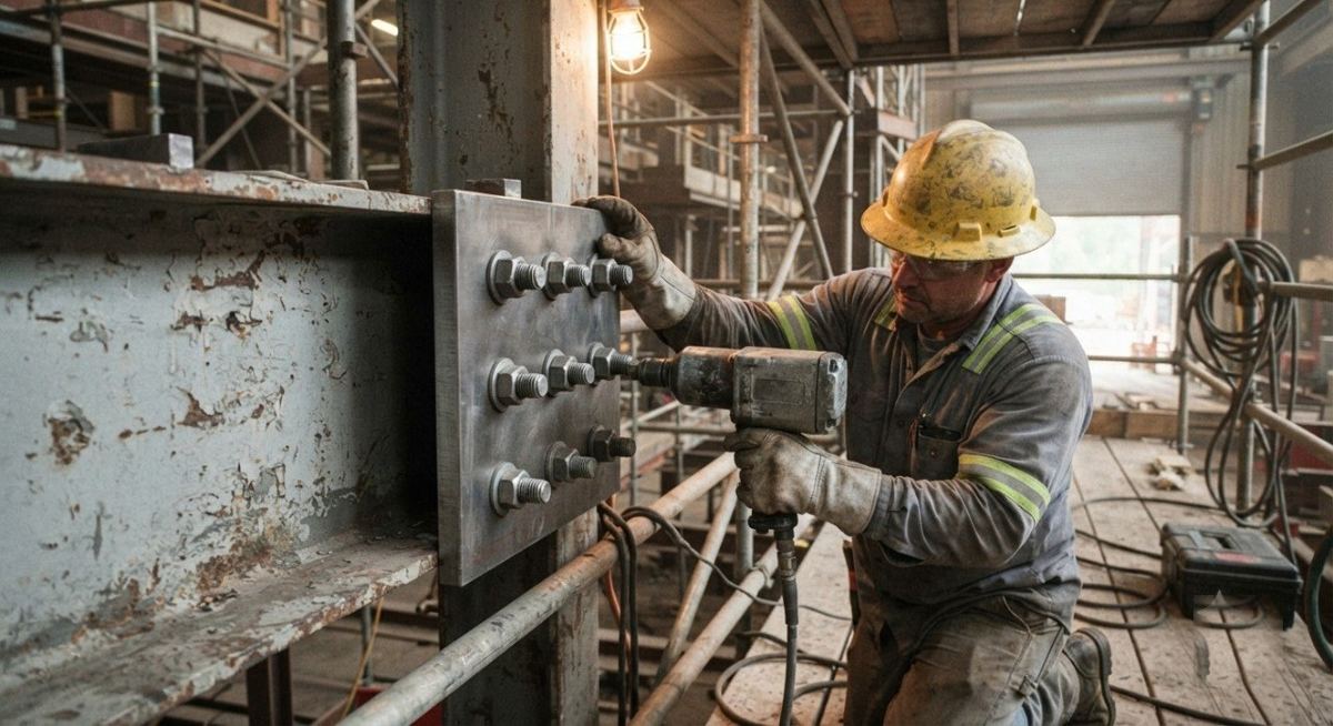 Compagnon serrant les boulons d'un renfort métallique
